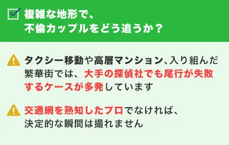 複雑な地形で、不倫カップルをどう追うか？