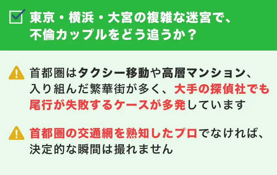 各エリアの複雑な迷宮で、不倫カップルをどう追うか？